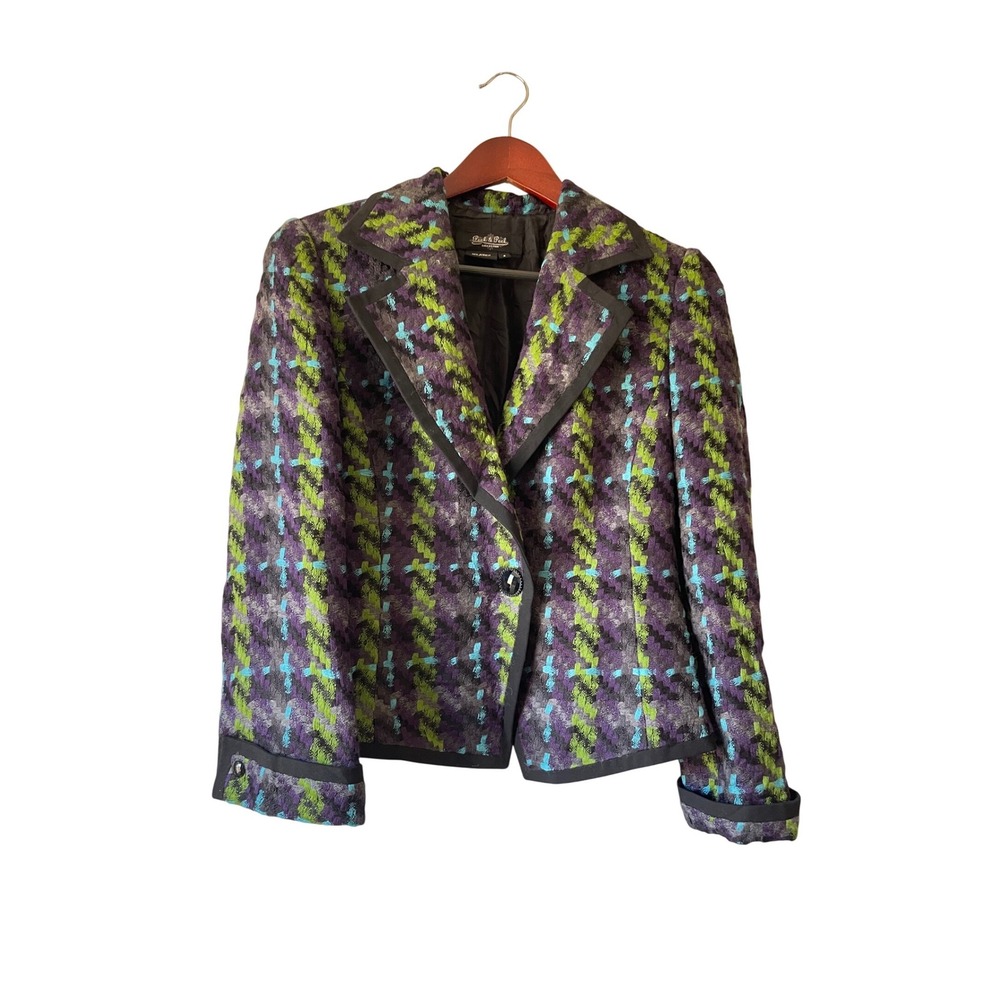 Y2k Multi-Color Houndstooth Wool Blend Blazer Purple Green Size 4